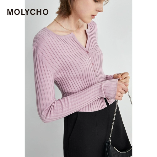 Сиреневый короткий кардиган, трикотажная куртка, осенний тонкий приталенный весенний свитер, в западном стиле