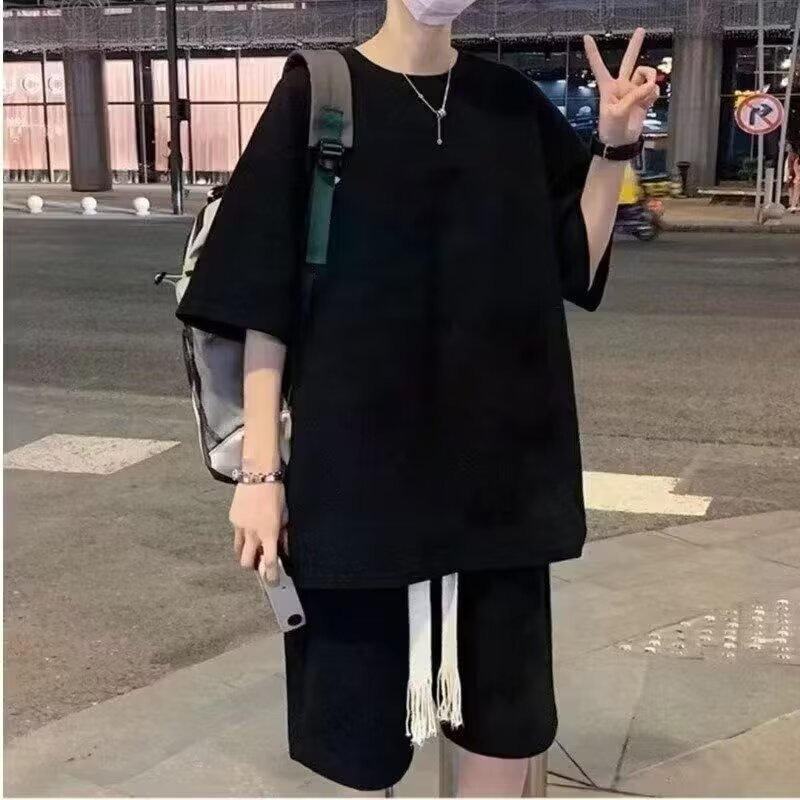 新款华夫格短裤套装男士夏季短袖男装一套搭配帅气潮牌运动服