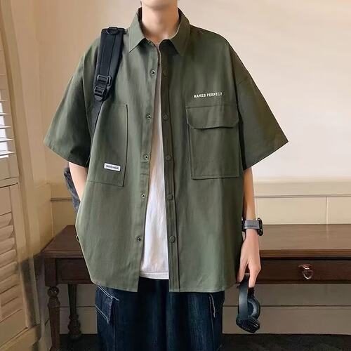 工装冰丝短袖衬衫男士夏季2026新款痞帅轻薄夏天军绿色衬衣服外套