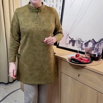 盘扣暗花立领中长款打底衫遮肉显瘦上衣时尚休闲百搭中老年女装