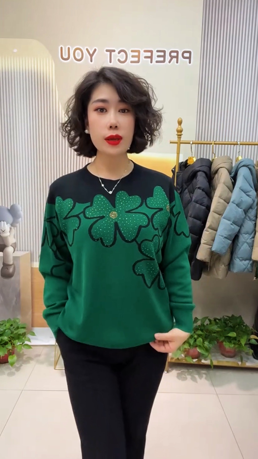 四叶花圆领弹力针织衫宽松百搭毛衣时尚休闲中老年妈妈装冬季爆款