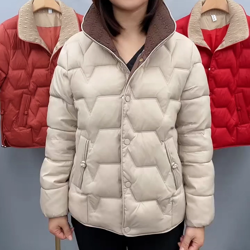 纯色压格排扣可立可翻领棉服防寒保暖妈妈外套休闲通勤中老年女装