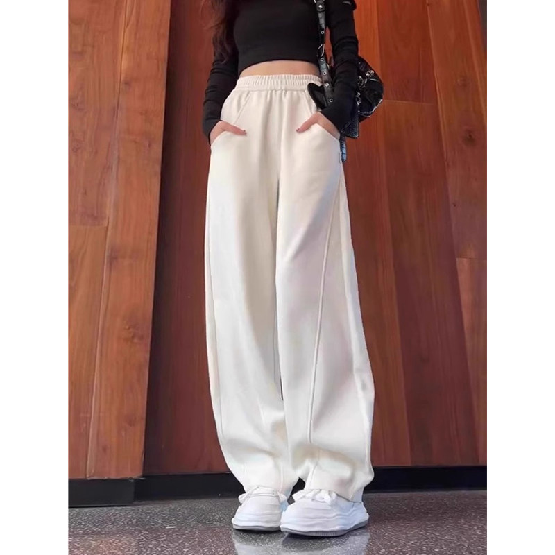 白色卫裤女2025春秋新款直筒休闲宽松运动风高腰小个子加绒阔腿裤