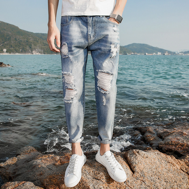 9分牛仔裤子男士修身小脚破洞八分夏季薄款乞丐潮流休闲百搭九分