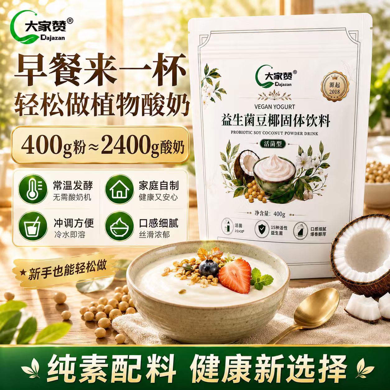 大家赞植物手工酸奶粉 0 乳糖无蛋奶素食家用发酵益生菌粉图片