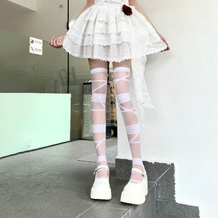绑带丝袜y2k薄款辣妹亚文化黑白色绷带长筒过膝堆堆袜女洛丽塔袜