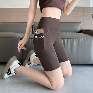 时尚 收腹提臀骑行打底裤 百搭运动 女外穿薄款 高腰侧口袋五分鲨鱼裤