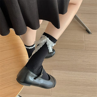 花边泡泡袜子芭蕾风绑带蕾丝丝带蝴蝶结袜子女jk长袜中筒袜罗莉塔