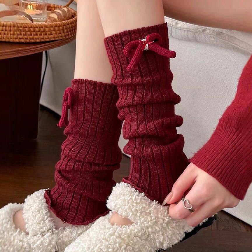 蝴蝶结袜套女针织保暖长筒袜子红色喜庆圣诞小腿套安可拉红堆堆袜,女士内衣/男士内衣/家居服,长筒袜,淘宝优惠券,粉丝福利购,淘宝优惠卷