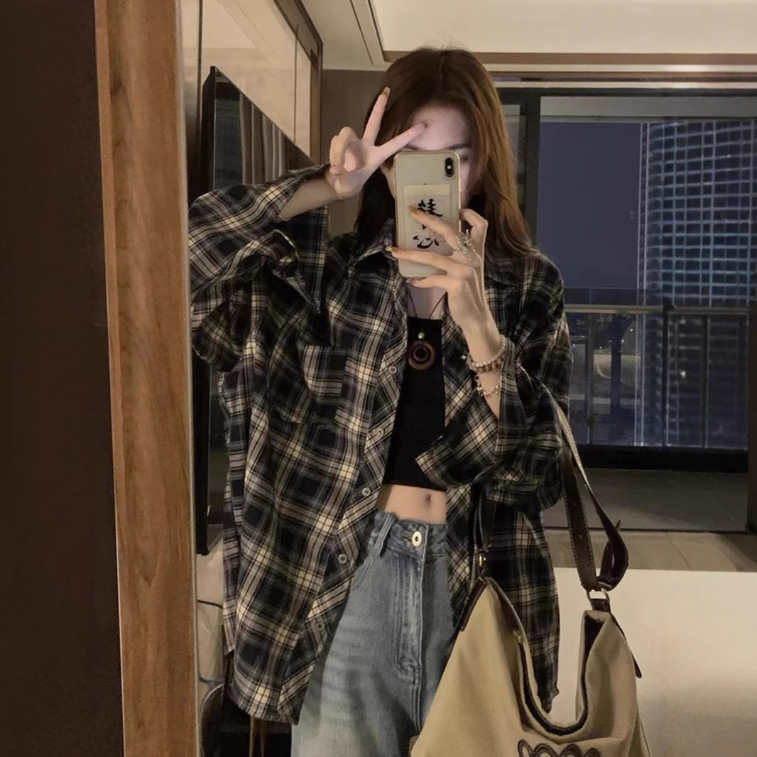 韩式复古长袖格子衬衫外套女春秋季设计感小众宽松百搭翻领衬衣潮