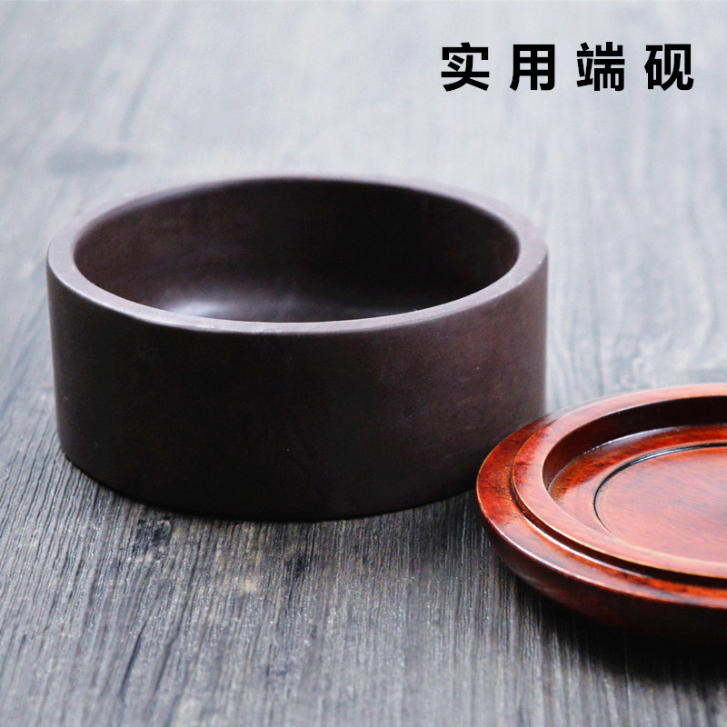 端砚台四寸带木盖实用墨盘小楷专用砚台墨池墨海可盛墨汁研墨文房四宝砚台实用学生砚原石砚台圆形砚
