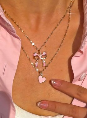 甜美蝴蝶结爱心项链批发小众设计