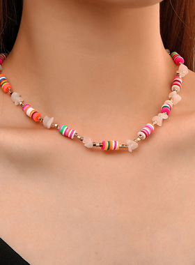 欧美网红彩色软陶片拼接项链 民族风手工串珠手链夏季碎石沙滩链
