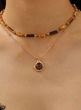 复古虎眼石串珠项链美拉德设计两