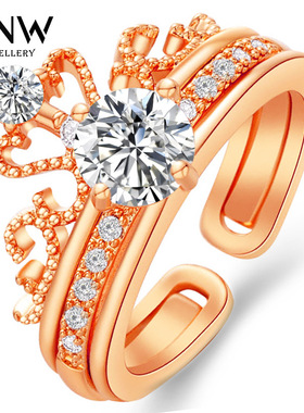 韩版两件套皇冠女式可调节戒指气质锆石女神开口套戒义乌饰品