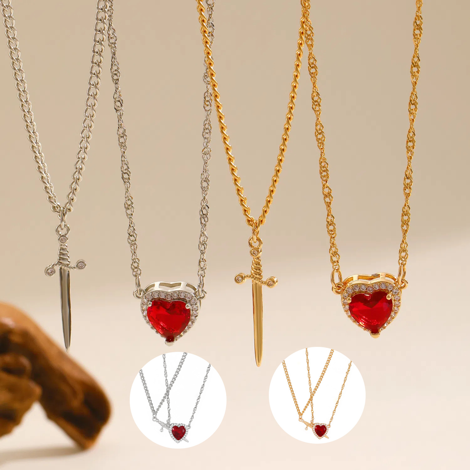欧美跨境一箭穿心红色锆石爱心匕首吊坠项链女锁骨链情人节礼物