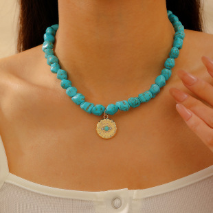 欧美跨境饰品恶魔之眼松石项链 波西米亚风颈链不规则串珠项饰女