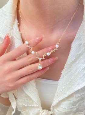 ins法式简约锆石树叶珍珠项链女