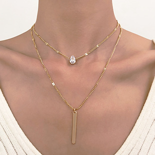 跨境新款水滴长条双层项链女 欧美ins风多层叠戴长款流苏锁骨链潮