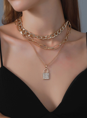 欧美跨境粗链条锁形项链女朋克风