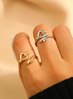 欧美跨境饰品个性爱心钥匙开口戒