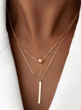 跨境新款双层项链女 ins风欧美创意简约方形吊坠叠戴锁骨链