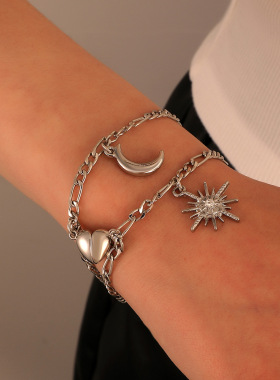 欧美跨境新款太阳月亮磁性相吸手链冷淡风情侣可调节手饰两件套女