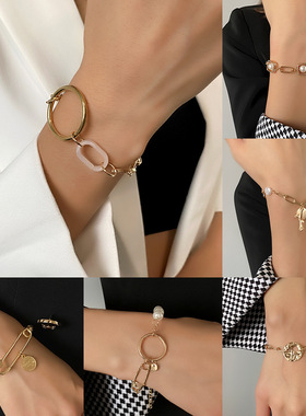 跨境新款简约几何手链 冷淡风个性别针珍珠粗链条手链ins热卖手饰