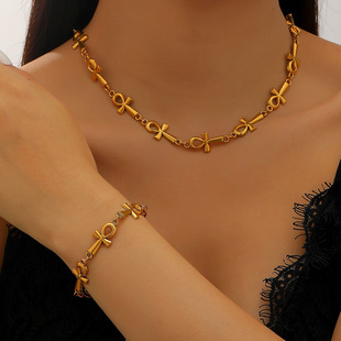 欧美跨境古埃及神话安卡十字架项链手链套装首饰哥特式锁骨链手饰