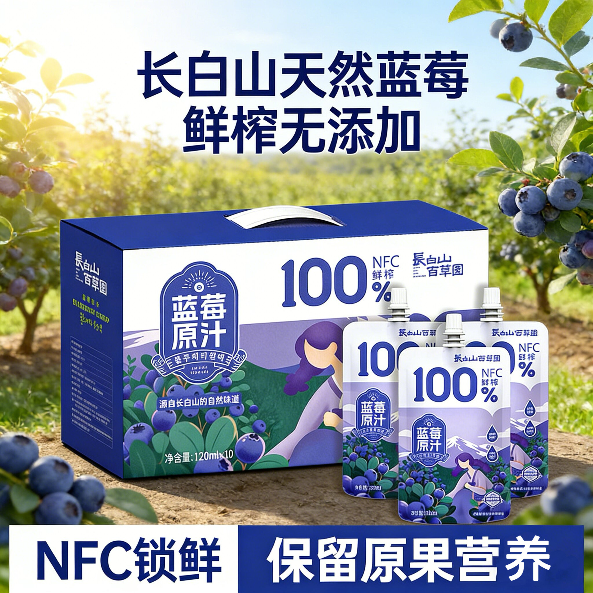 长白山百草园100%蓝莓汁NFC原浆纯果汁无添加长白山鲜榨饮料礼盒