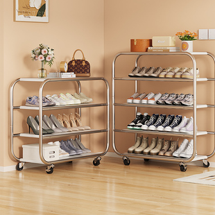 日本进口可移动不锈钢鞋架家用多层小推车置物架入门网红带轮鞋架