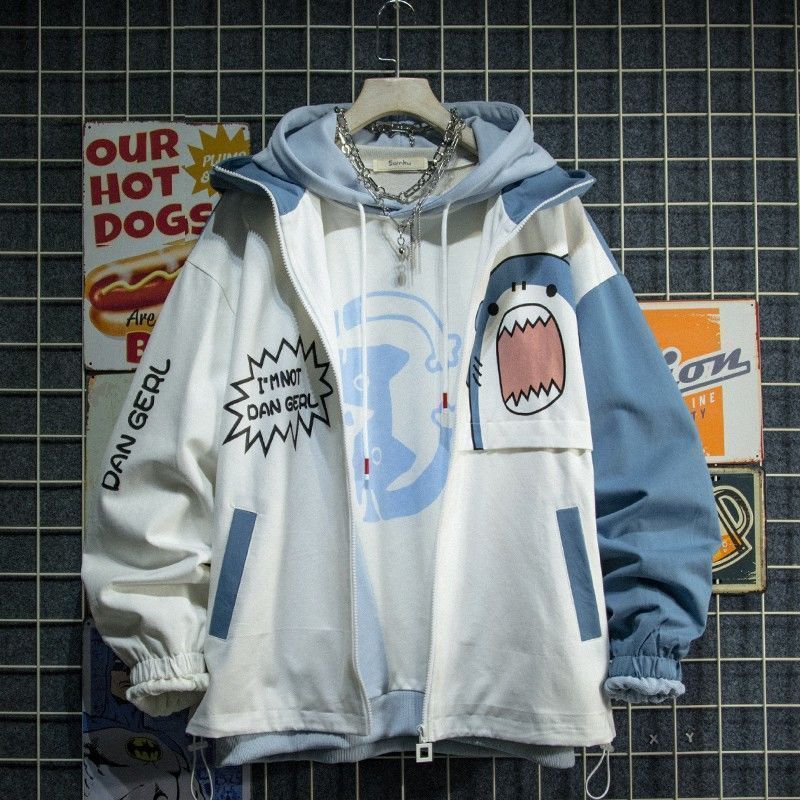 韩版蓝白拼色连帽拉链夹