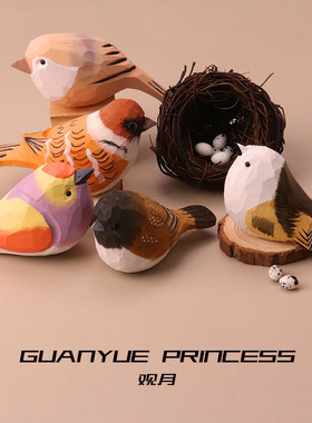 公主手工木雕创意小鸟肥啾桌面摆件可爱圣诞生日礼物女治愈系动物