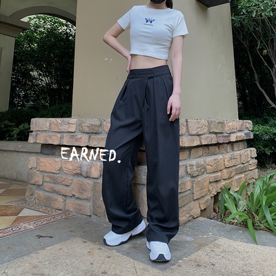 魔术贴新款垂坠感褶皱拖地裤西装