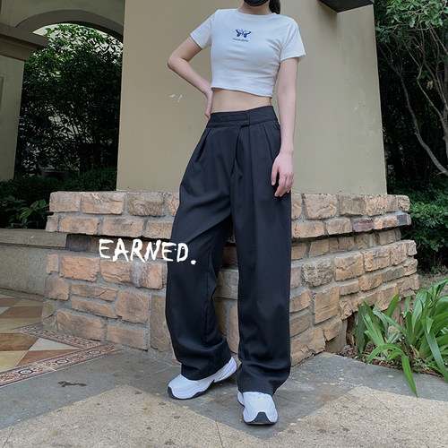 魔术贴新款垂坠感褶皱拖地裤西装