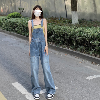 EARNED 2022初夏工装男友风韩版复古做旧水洗牛仔背带裤女