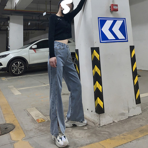 EARNED古月牛仔裤女新款做旧直筒宽松阔腿复古开叉喇叭老爹裤