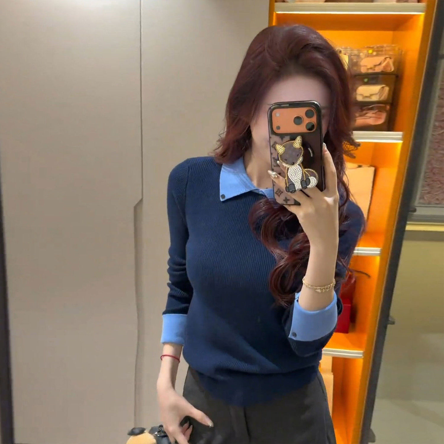 法式翻领撞色假两件长袖