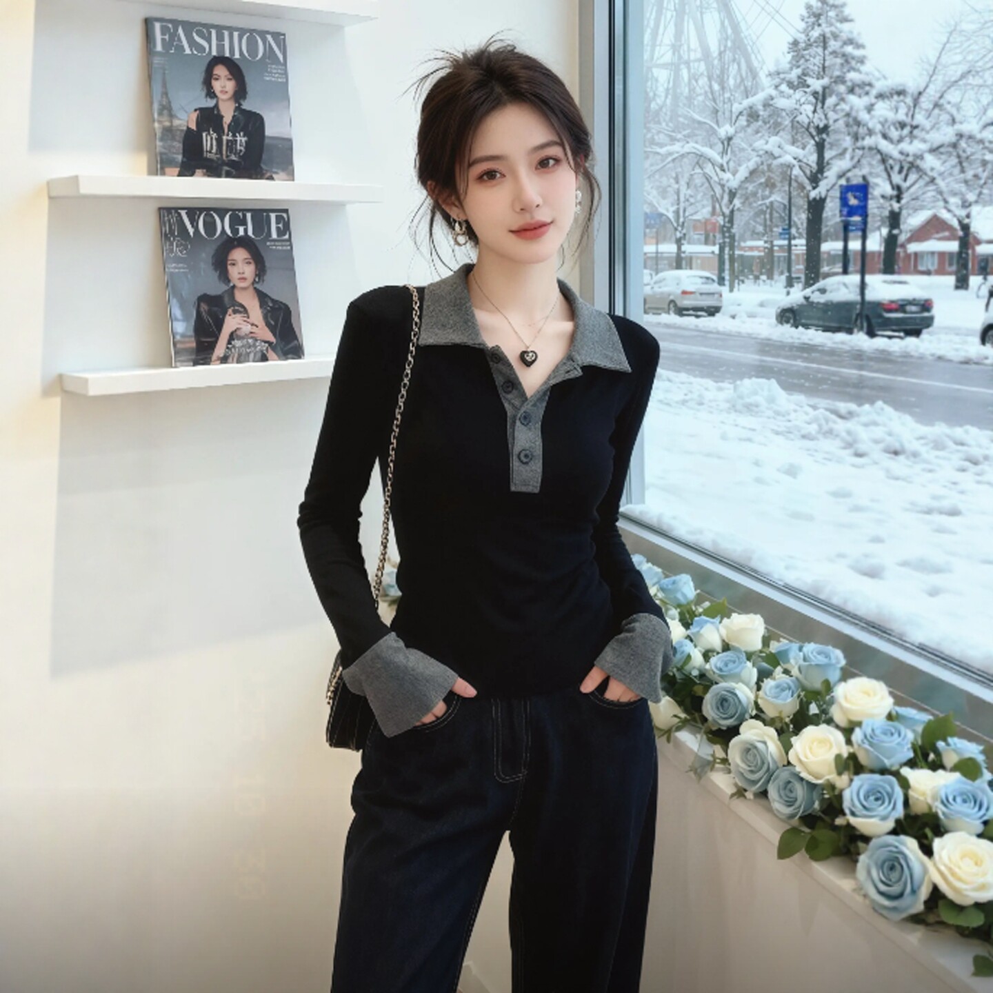 撞色polo衫翻领喇叭袖修