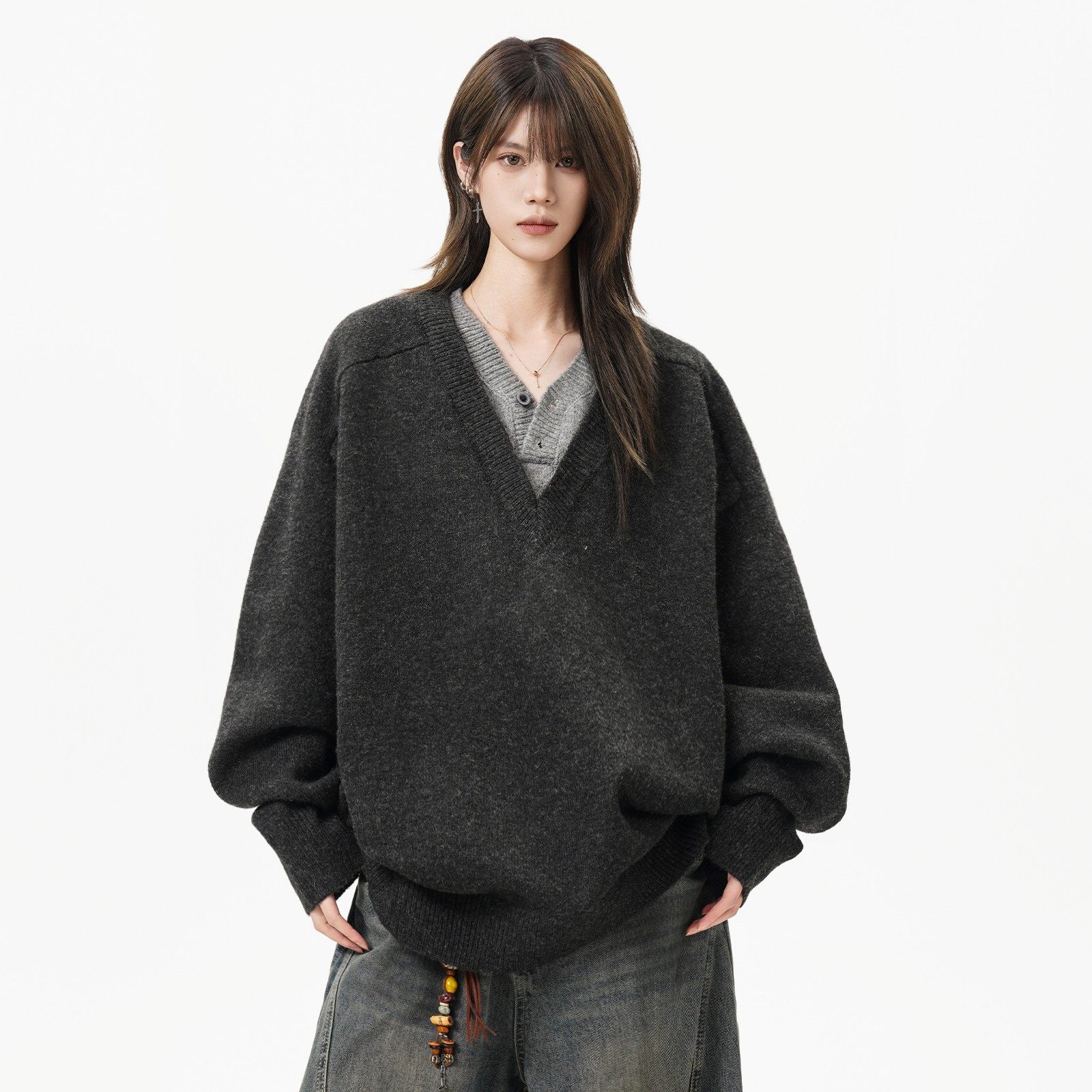 重磅假两件V领针织衫女男秋冬复古慵懒休闲毛衣老钱风内搭打底衫