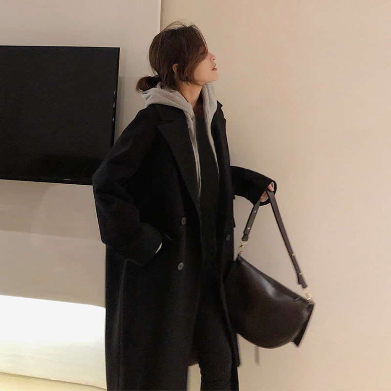 连帽假两件黑色毛呢外套女中长款2021秋冬新款赫本风呢子大衣加厚