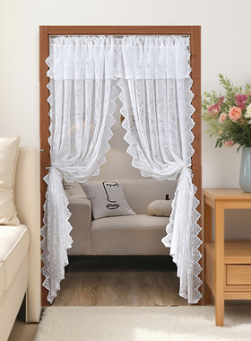 蕾丝卧室防蚊纱门帘ins风隔断帘装饰帘伸缩杆免打孔法式珍珠挂帘