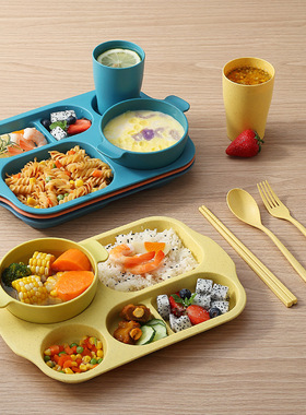 儿童餐盘套装吃饭餐具食品级小麦秸秆分格可爱女孩卡通宝宝男孩