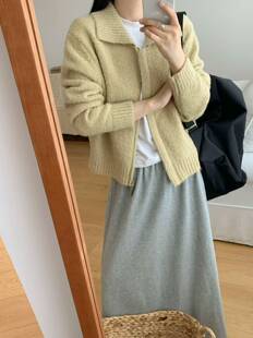 宽松慵懒风针织开衫 韩系翻领双拉链圈圈纱毛衣外套女秋冬外穿新款