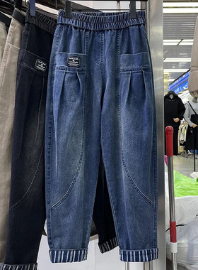 大码2-300斤工装牛仔裤女春夏季宽松胖mm复古bf原宿港风哈伦裤子