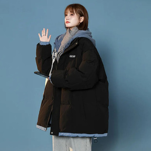 胖mm大码300斤假两件棉衣棉服女冬天宽松连帽派克棉袄面包服外套