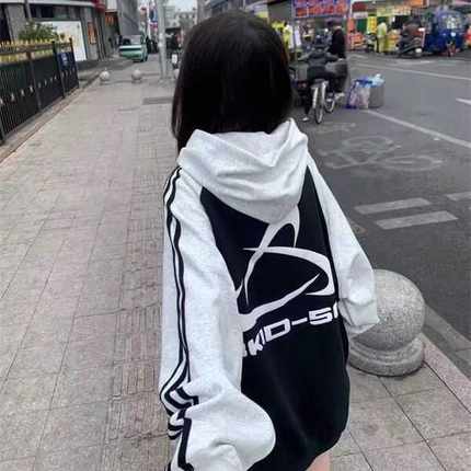 特大码2-300斤撞色拼接连帽卫衣男女秋冬设计感小众情侣上衣外套