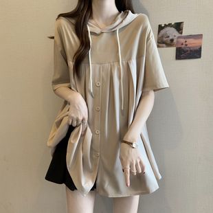 女夏裝 加大碼 300斤連帽短袖 t恤拼接襯衫 寬松胖mm網(wǎng)紅精致藏肉上衣