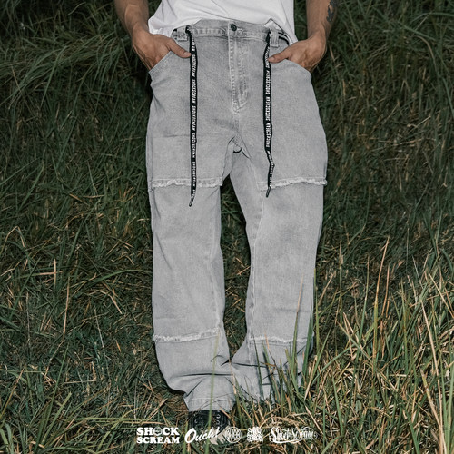 SHOCKSCREAM | 水洗弹力牛仔裤街头做旧水洗毛边微弹宽松直筒长裤