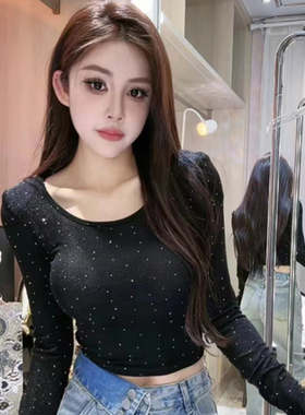 2026夏季新款圆领修身性感气质长袖女韩版满天星烫钻别致T恤0111r